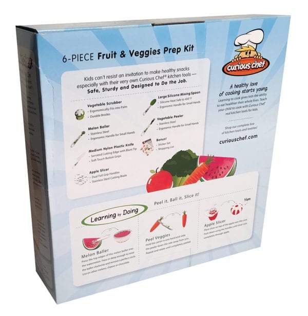 The back of the 6-Piece Fruit & Veggies Prep Kit box.